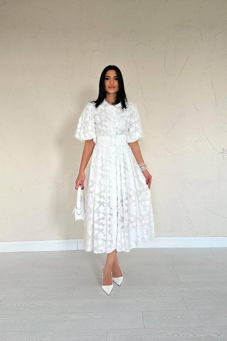 Belted Balloon Sleeve Dress - Elisa - Globality Store - Women Clothes Wholesale Turkey