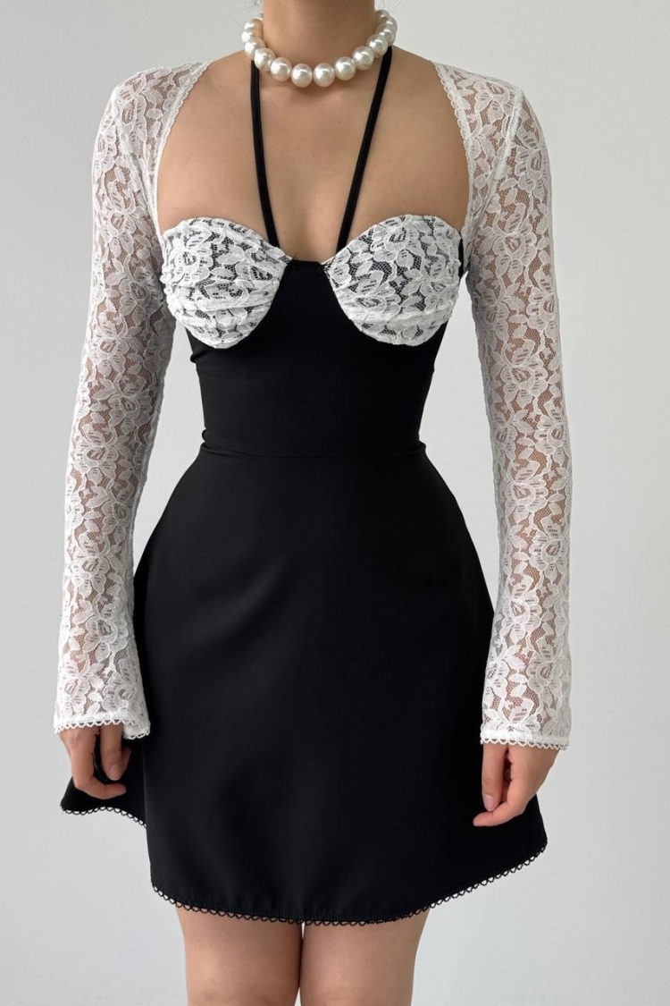 Sleeve And Chest Lez Lace Body Atlas Fabric Globe Dress