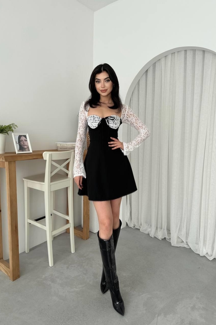 Sleeve And Chest Lez Lace Body Atlas Fabric Globe Dress