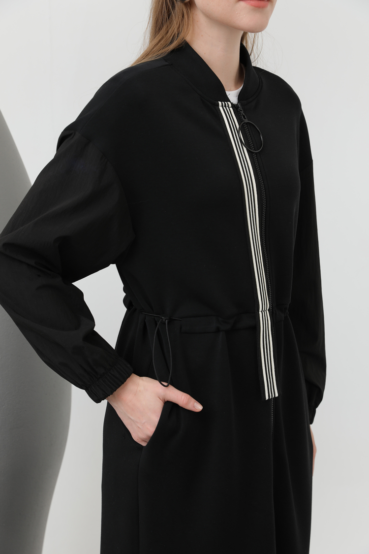 Women's Front Zipper And Ribbon Detailed Waist Gathered Dress