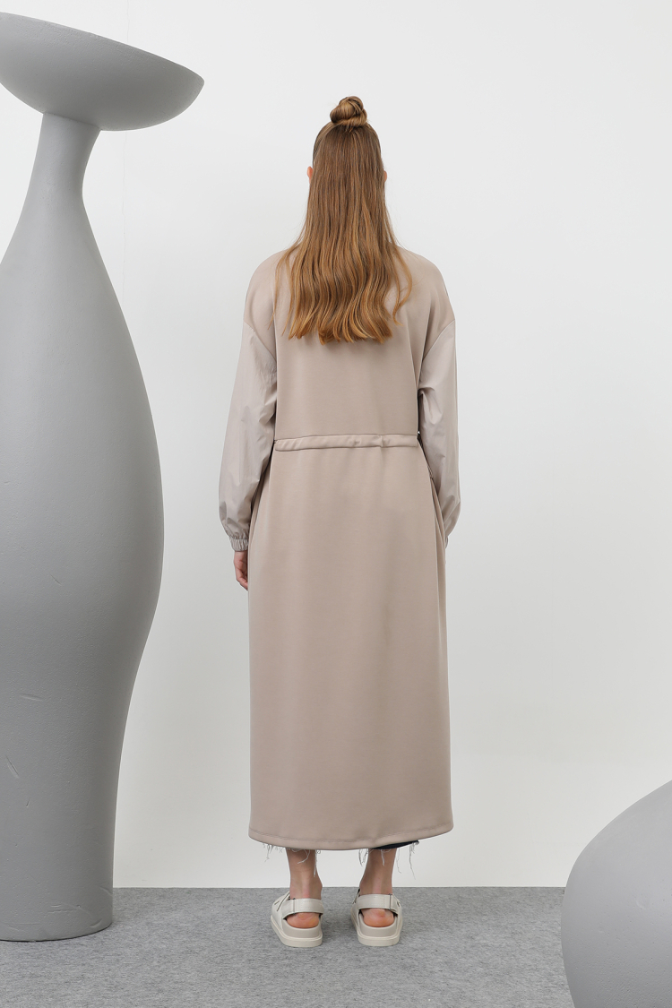 Front Zipper And Ribbon Detailed Waist Gathered Dress