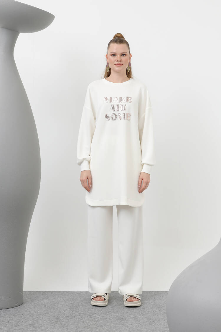 Front Stone And Sequin Embroidery Written And Trouser Suit