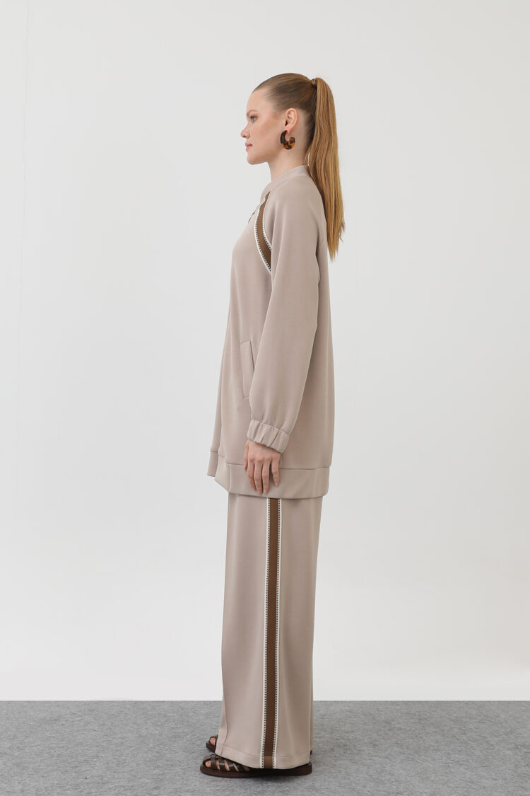 Zippered Shoulder Stripe Detailed Trouser Suit