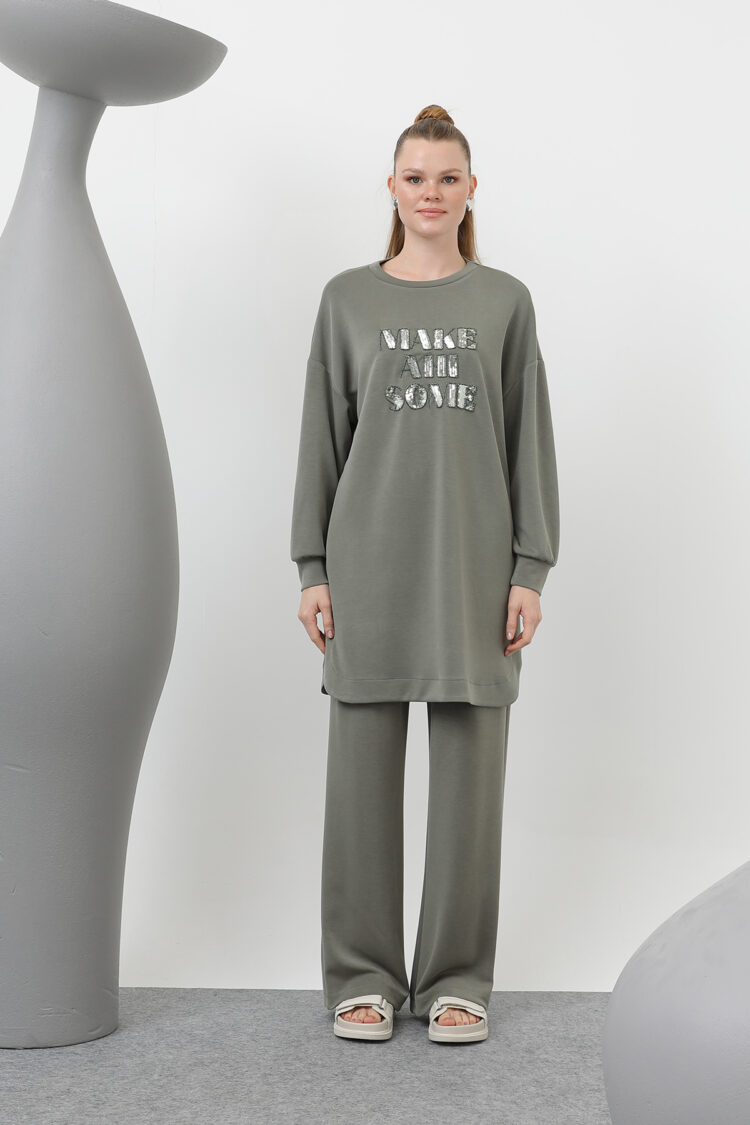 Front Stone And Sequin Embroidery Written And Trouser Suit