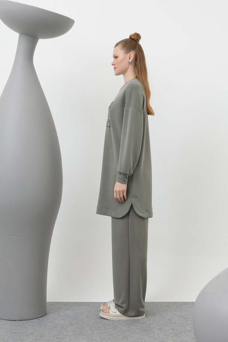 Front Stone And Sequin Embroidery Written And Trouser Suit