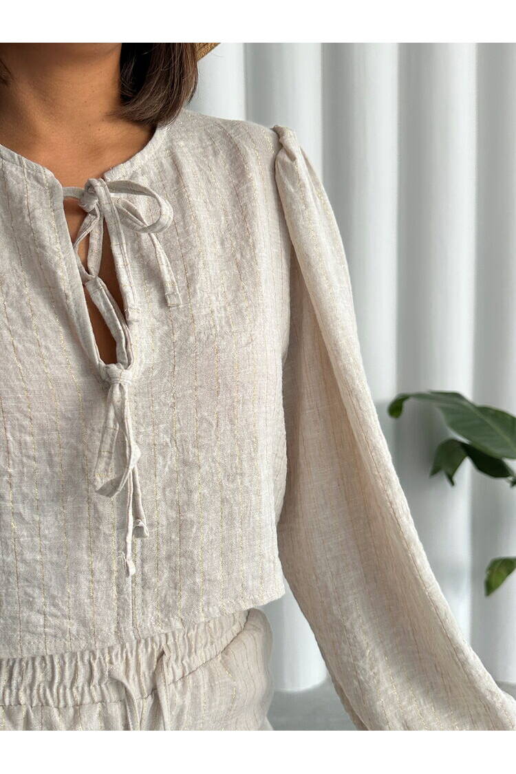 StoneGlitter Striped Front Tie Blouse