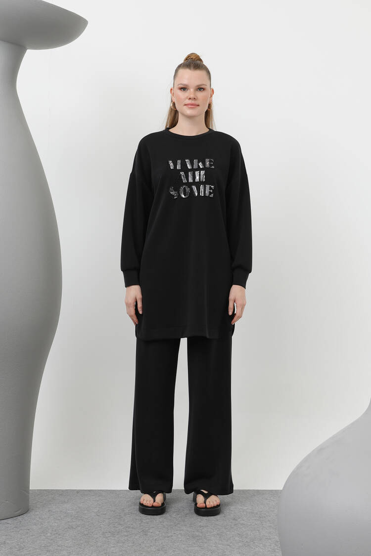 Women's Front Stone And Sequin Embroidery Written And Trouser Suit