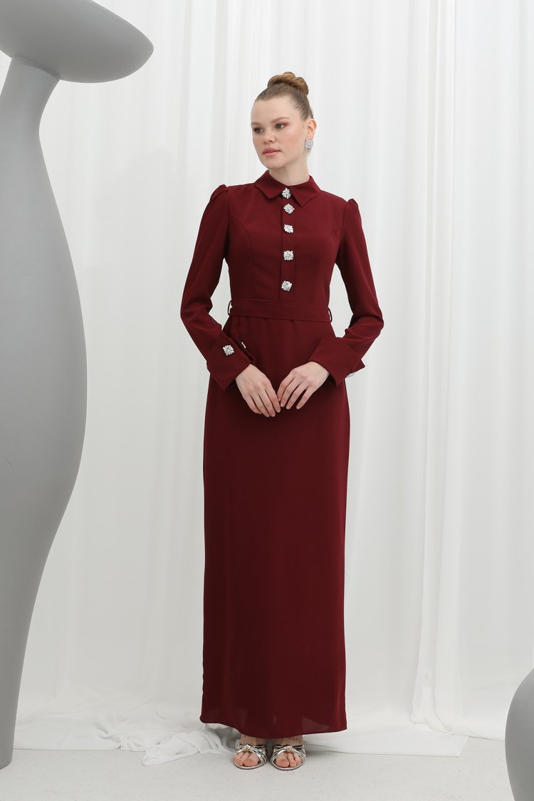 Stone Detailed Mono Evening Dress - Puane - Globality Store - Women Clothes Wholesale Turkey