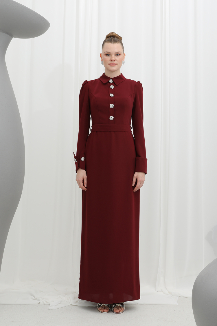 Stone Detailed Mono Evening Dress