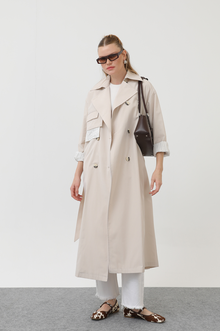 Garni Striped Detail Trench Coat - SOUL - Globality Store - Women Clothes Wholesale Turkey