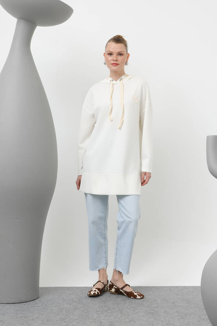 Women's Embroidery Detailed Herringbone Hooded Tunic - Puane - Globality Store - Women Clothes Wholesale Turkey