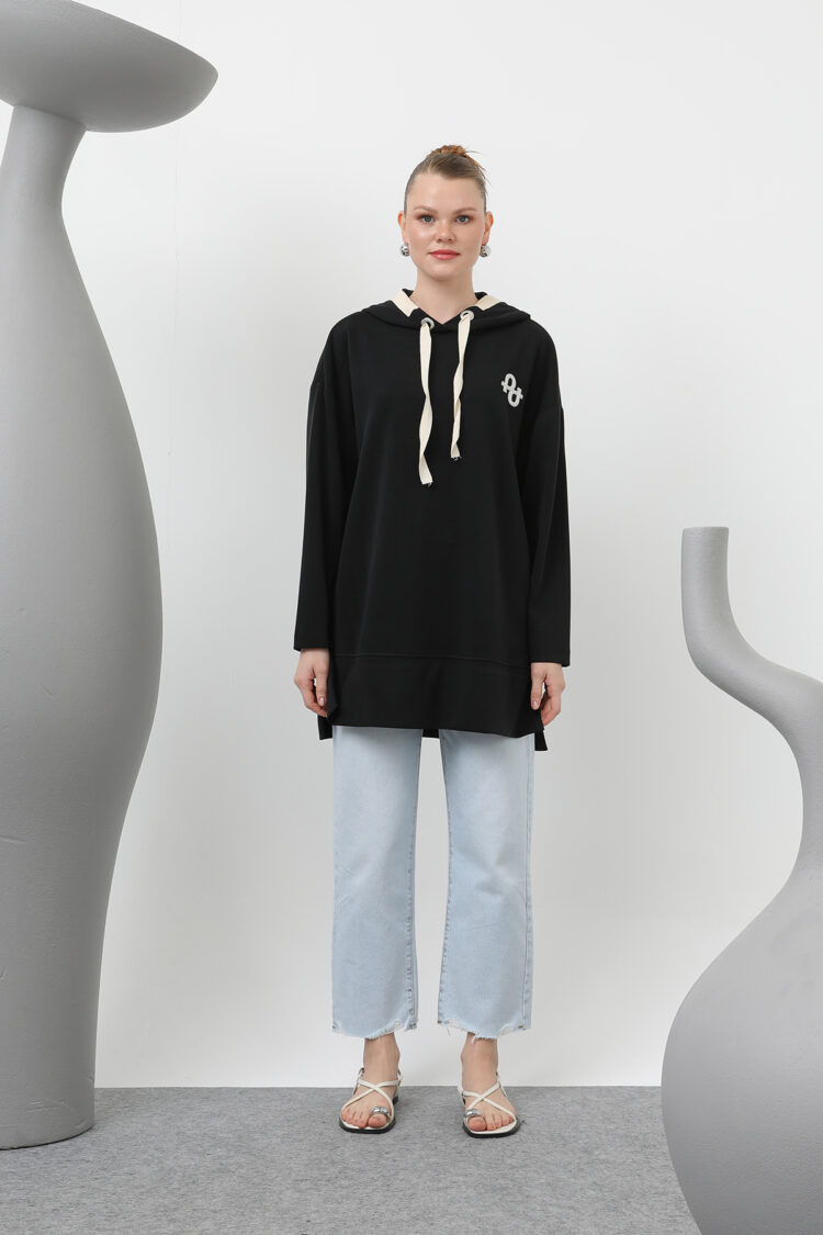 Women's Embroidery Detailed Herringbone Hooded Tunic