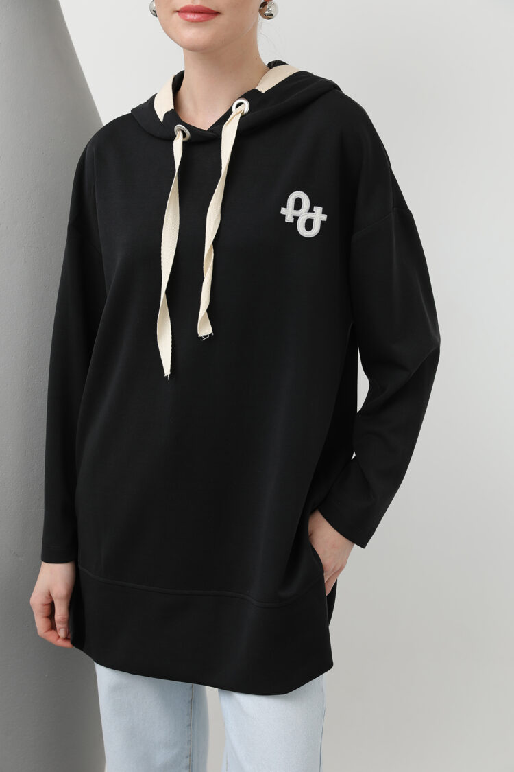 Women's Embroidery Detailed Herringbone Hooded Tunic