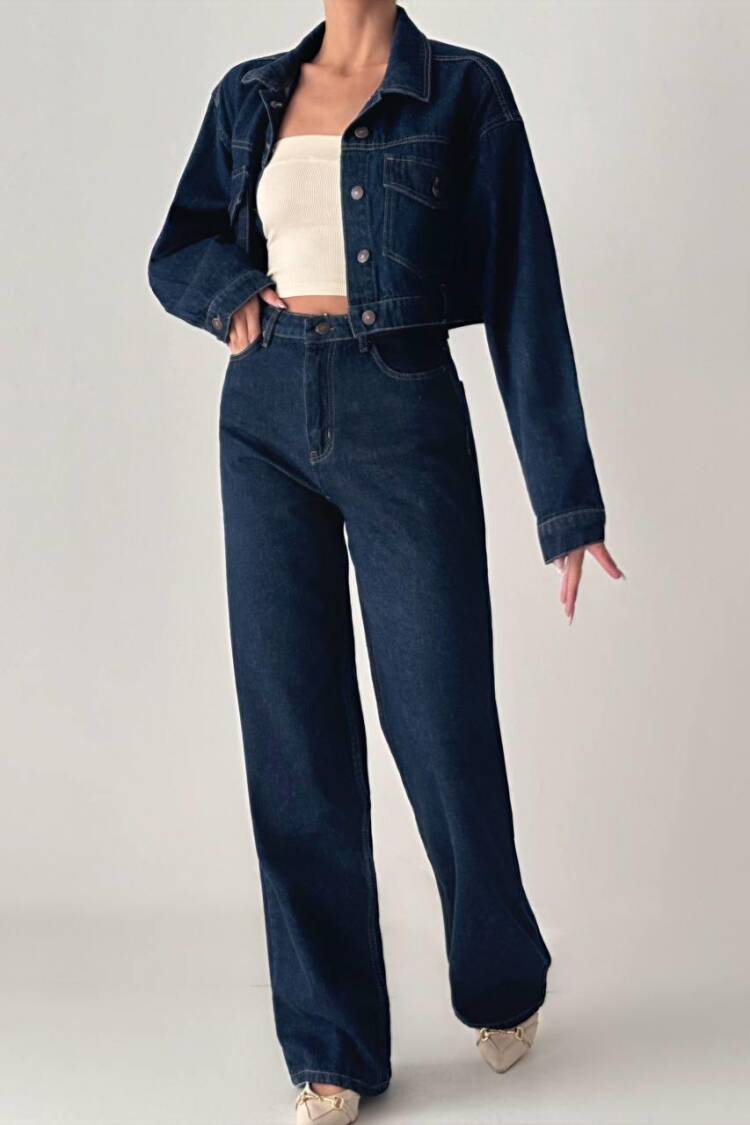 Wide Leg Rinse Jeans - Navy
