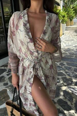 Tassel Detailed Kimono With Water Pipes On Sleeves And Skirt - Ecru & Dusty Rose - Sobe Istanbul - Globality Store - Women Clothes Wholesale Turkey