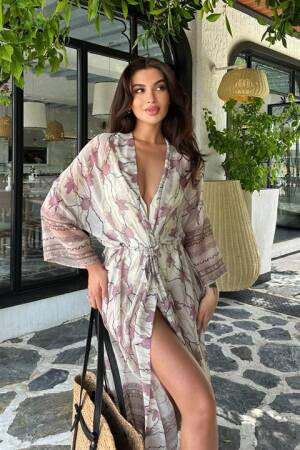 Tassel Detailed Kimono With Water Pipes On Sleeves And Skirt - Ecru & Dusty Rose - Sobe Istanbul - Globality Store - Women Clothes Wholesale Turkey