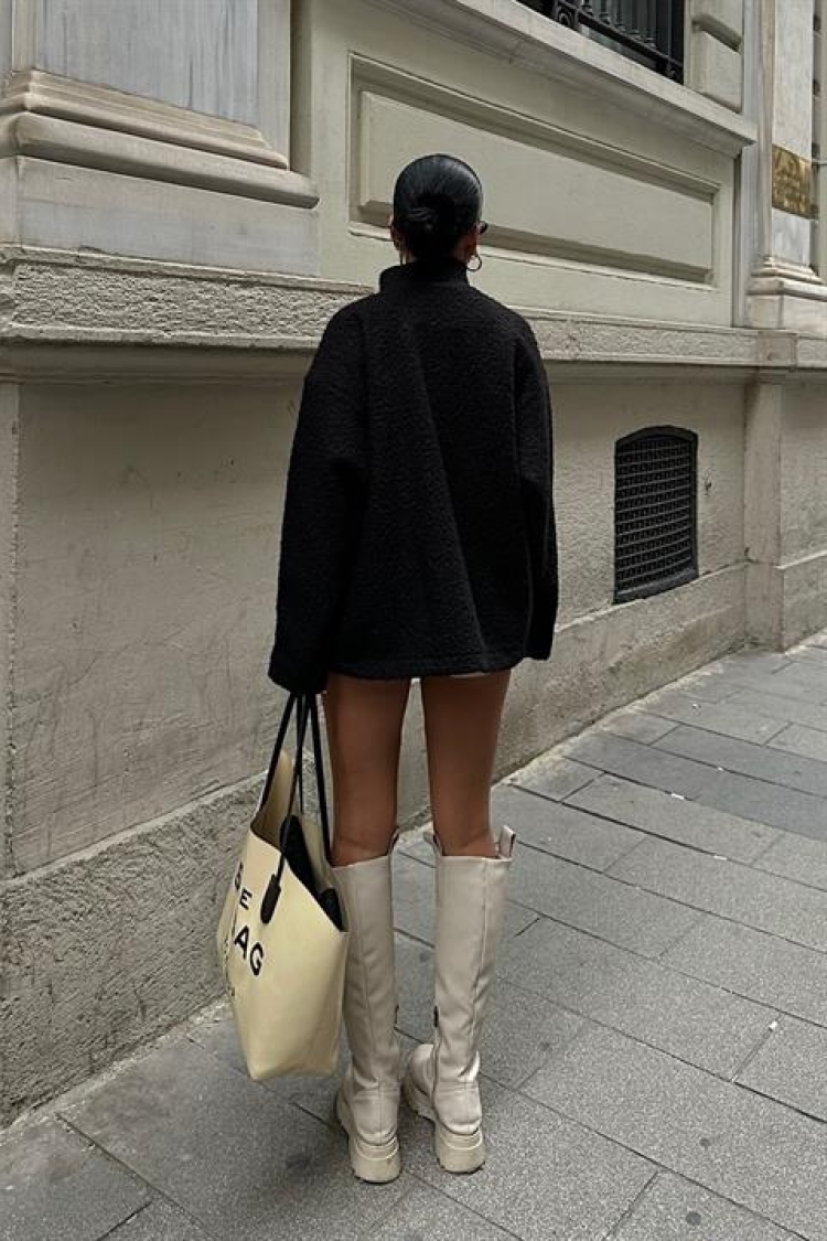 Curly Fur Lined Jacket With Leather Pocket Detail