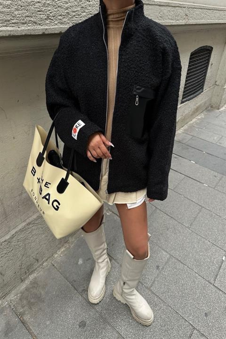 Curly Fur Lined Jacket With Leather Pocket Detail