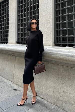 Backless Balloon Sleeve Midi Knit Dress - Black - Sobe Istanbul - Globality Store - Women Clothes Wholesale Turkey