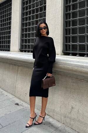 Backless Balloon Sleeve Midi Knit Dress - Black - Sobe Istanbul - Globality Store - Women Clothes Wholesale Turkey