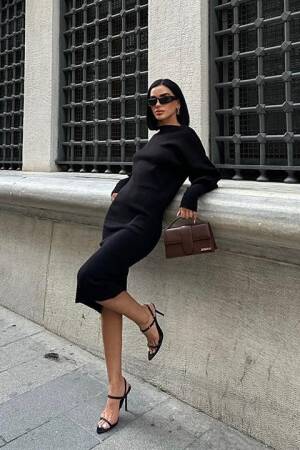 Backless Balloon Sleeve Midi Knit Dress - Black - Sobe Istanbul - Globality Store - Women Clothes Wholesale Turkey