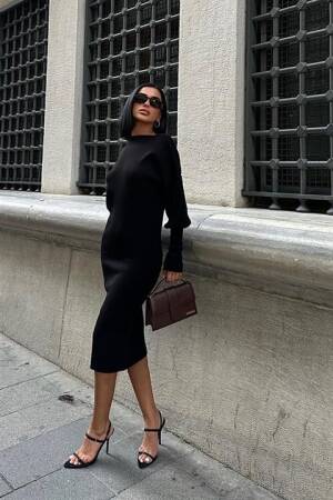 Backless Balloon Sleeve Midi Knit Dress - Black - Sobe Istanbul - Globality Store - Women Clothes Wholesale Turkey