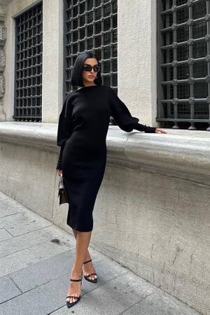 Backless Balloon Sleeve Midi Knit Dress - Black - Sobe Istanbul - Globality Store - Women Clothes Wholesale Turkey