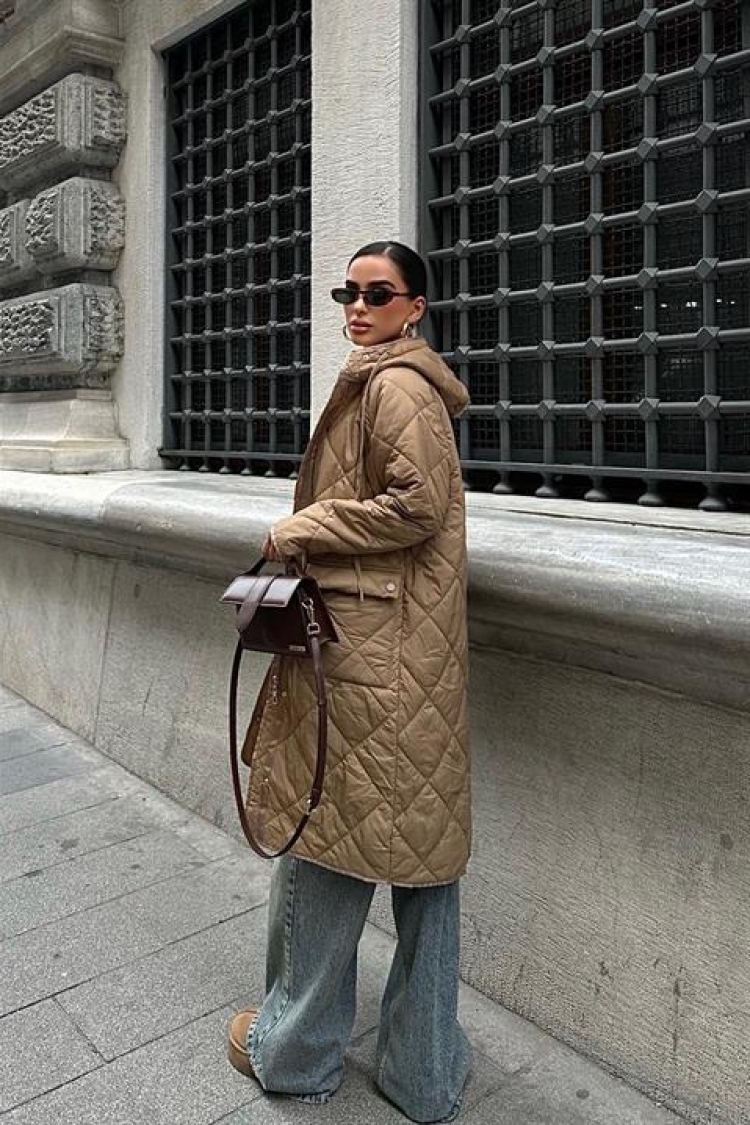 Zippered And Hooded Long Quilted Coat