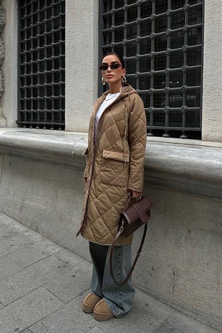 Zippered And Hooded Long Quilted Coat