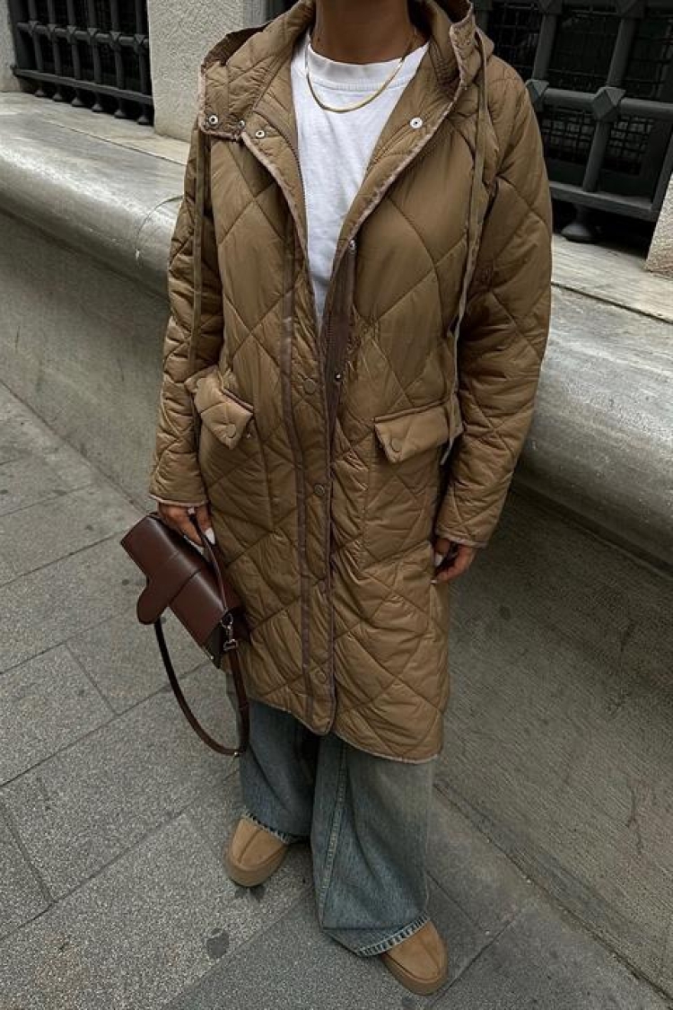 Zippered And Hooded Long Quilted Coat