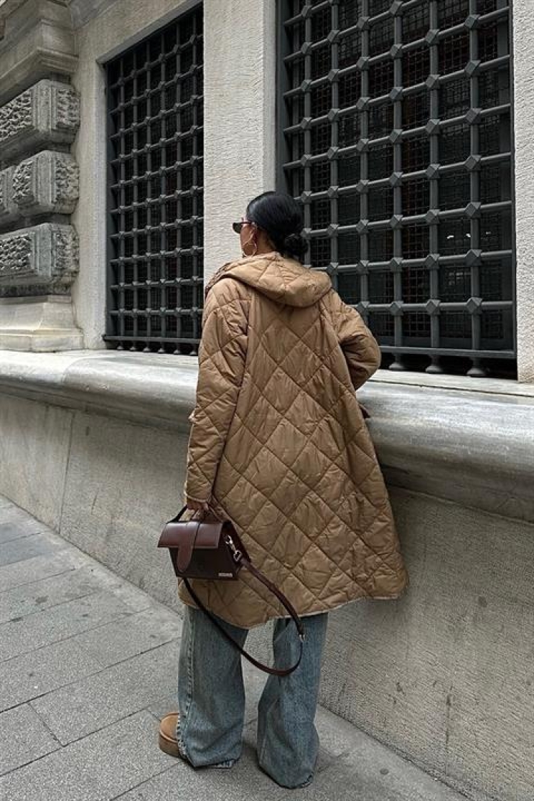 Zippered And Hooded Long Quilted Coat