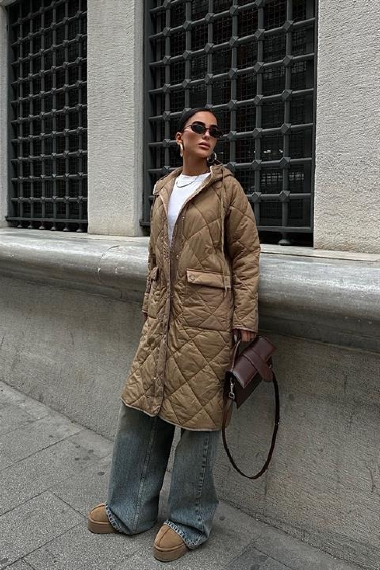 Zippered And Hooded Long Quilted Coat