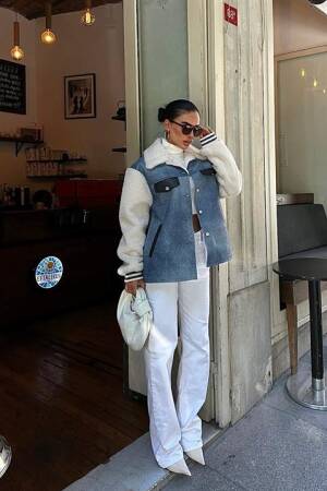Pocket Detailed Jacket - Ecru & Blue - Sobe Istanbul - Globality Store - Women Clothes Wholesale Turkey
