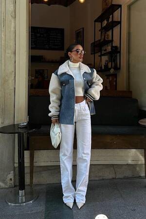 Pocket Detailed Jacket - Ecru & Blue - Sobe Istanbul - Globality Store - Women Clothes Wholesale Turkey