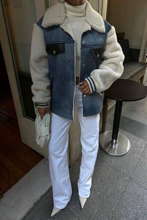 Pocket Detailed Jacket - Ecru & Blue - Sobe Istanbul - Globality Store - Women Clothes Wholesale Turkey