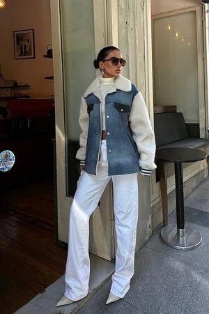 Pocket Detailed Jacket - Ecru & Blue - Sobe Istanbul - Globality Store - Women Clothes Wholesale Turkey