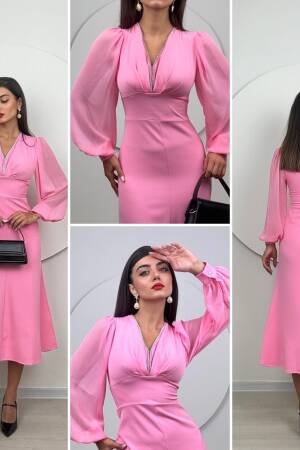 Sleeves Chiffon Atlas Dress - Brand: Miss Janell - Women's Clothing Wholesale - Globality Store
