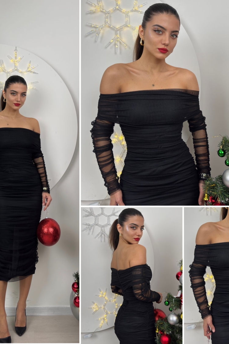 Strapless Ruffle Long Sleeve Tulle Dress
