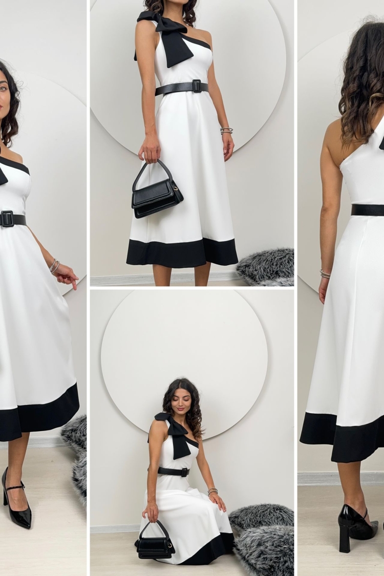 One Shoulder Bow Belted Dress