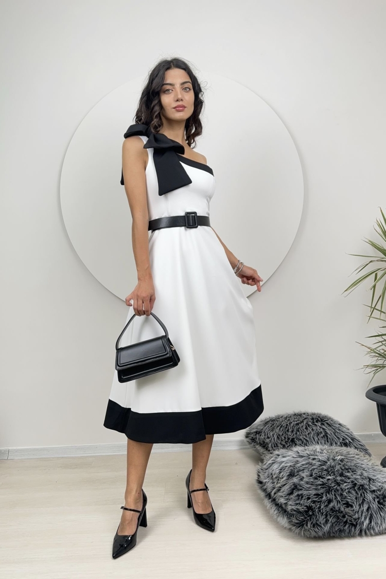 One Shoulder Bow Belted Dress - Miss Janell - Globality Store - Women Clothes Wholesale Turkey