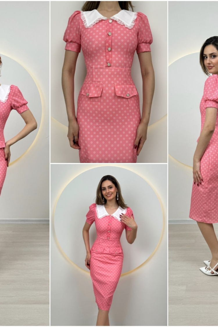 Collar Lace Detail Polka Dot Dress