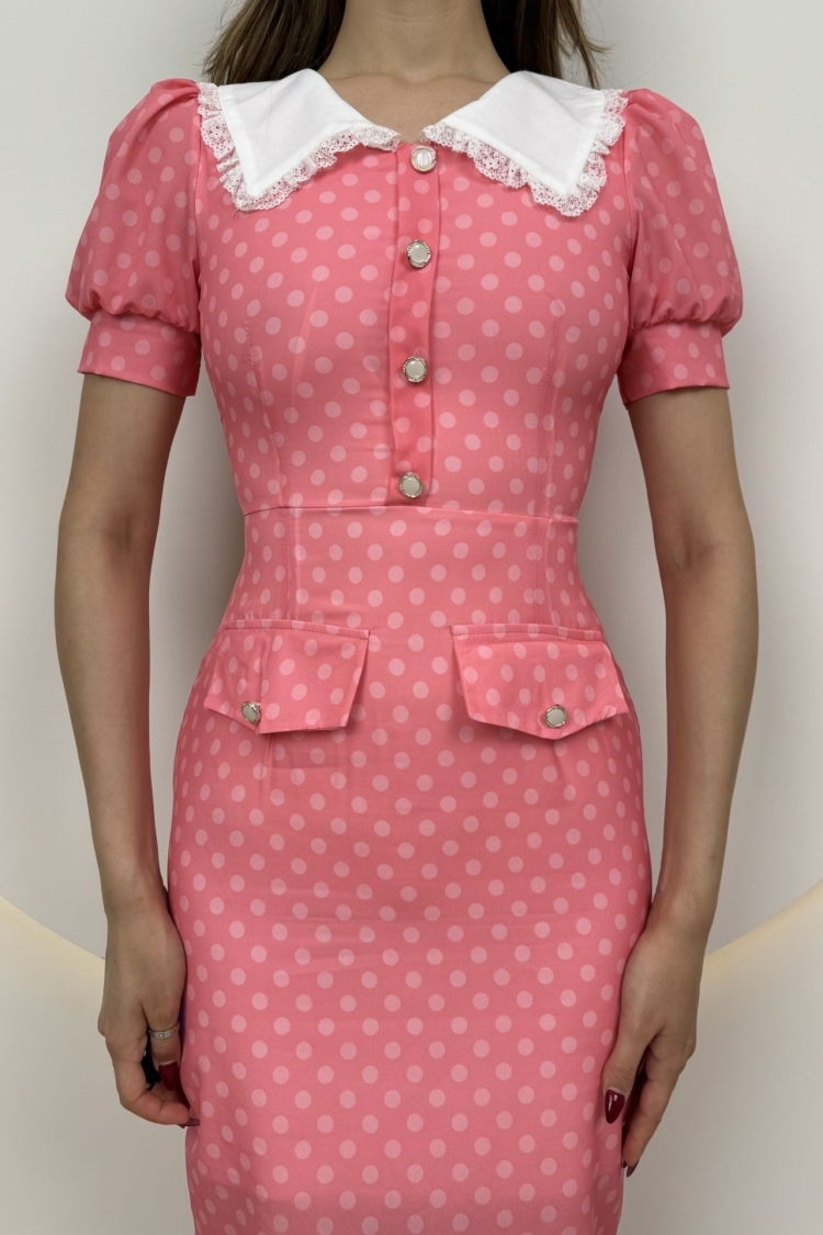 Collar Lace Detail Polka Dot Dress