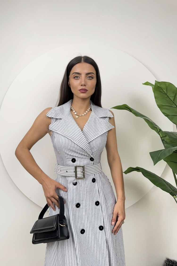 Striped Belt Detail Linen Dress