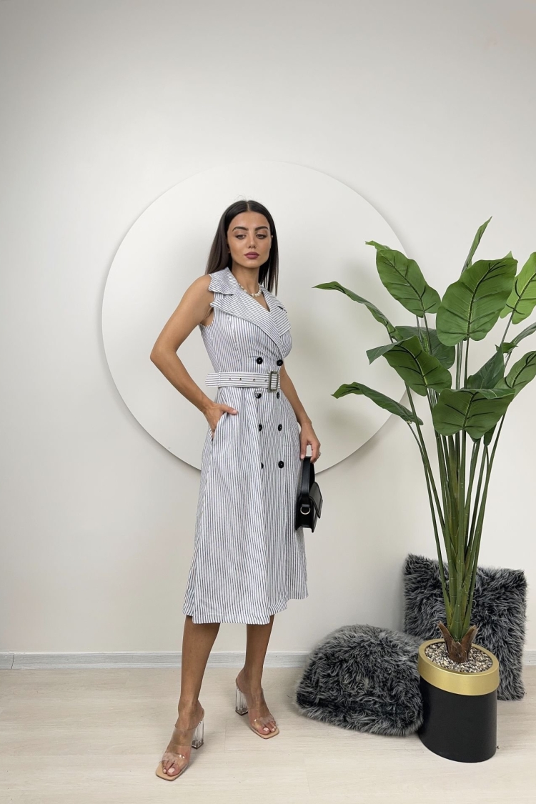 Striped Belt Detail Linen Dress