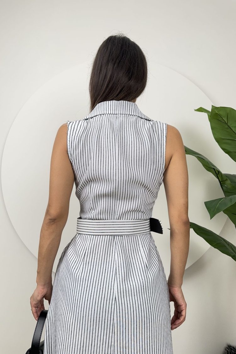 Striped Belt Detail Linen Dress