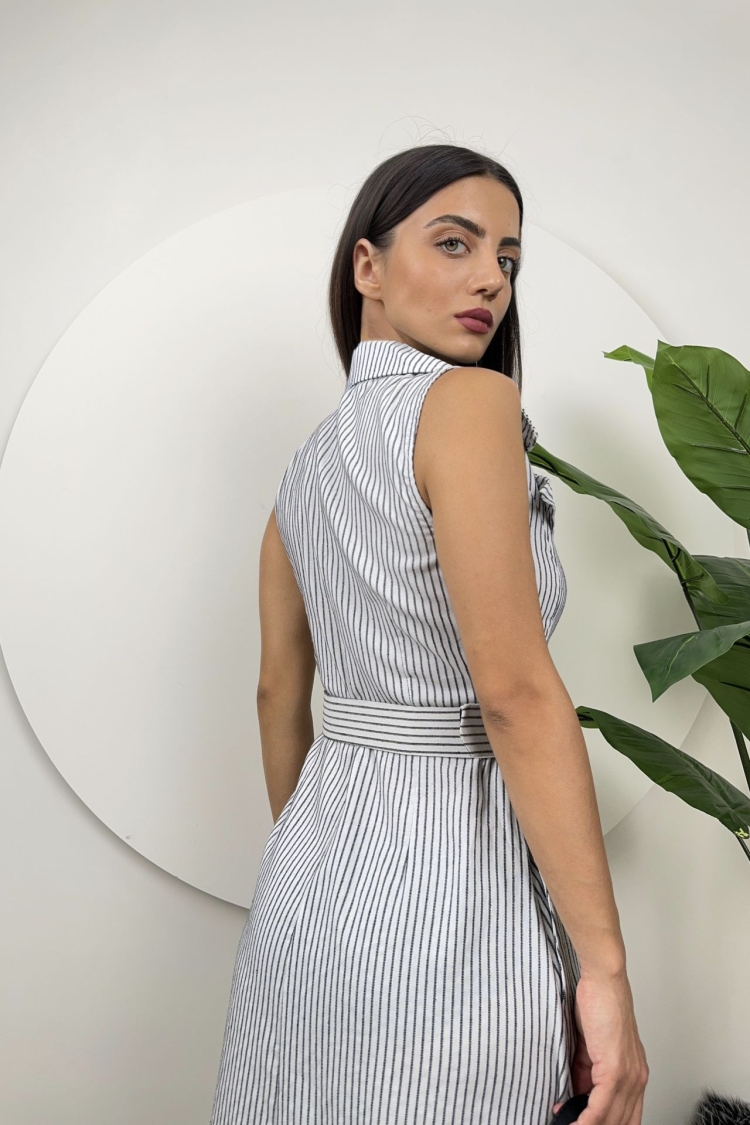 Striped Belt Detail Linen Dress