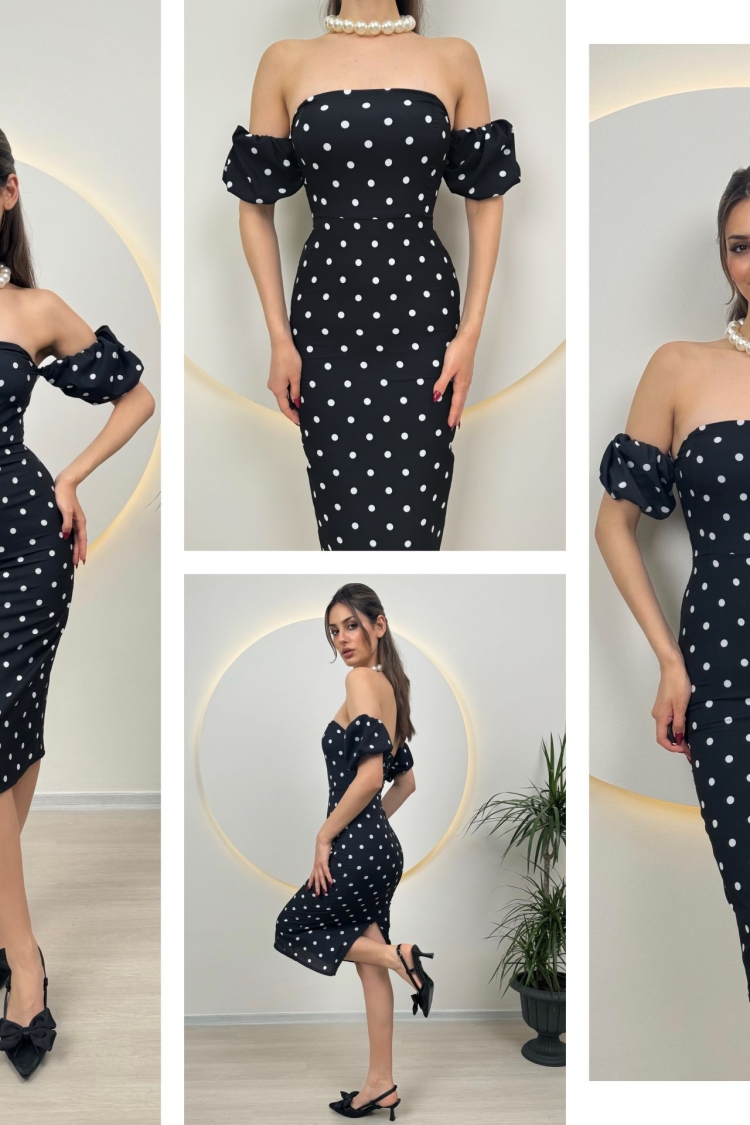 Polka Dot Pattern Balloon Sleeve Crepe Dress
