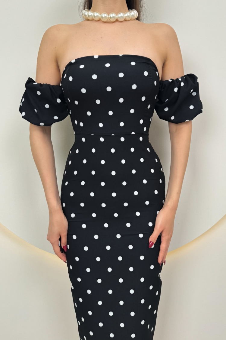 Polka Dot Pattern Balloon Sleeve Crepe Dress