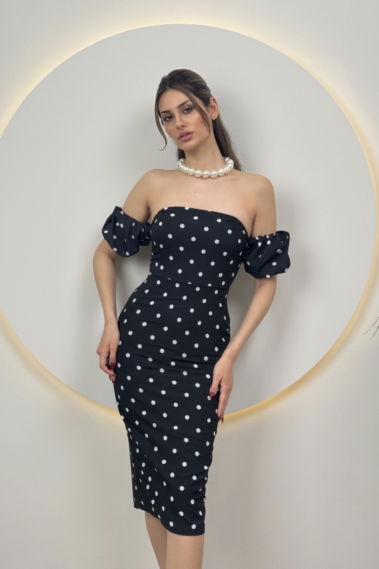 Polka Dot Pattern Balloon Sleeve Crepe Dress