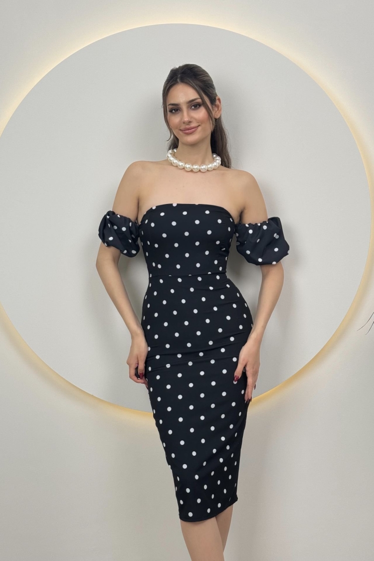 Polka Dot Pattern Balloon Sleeve Crepe Dress - Miss Janell - Globality Store - Women Clothes Wholesale Turkey